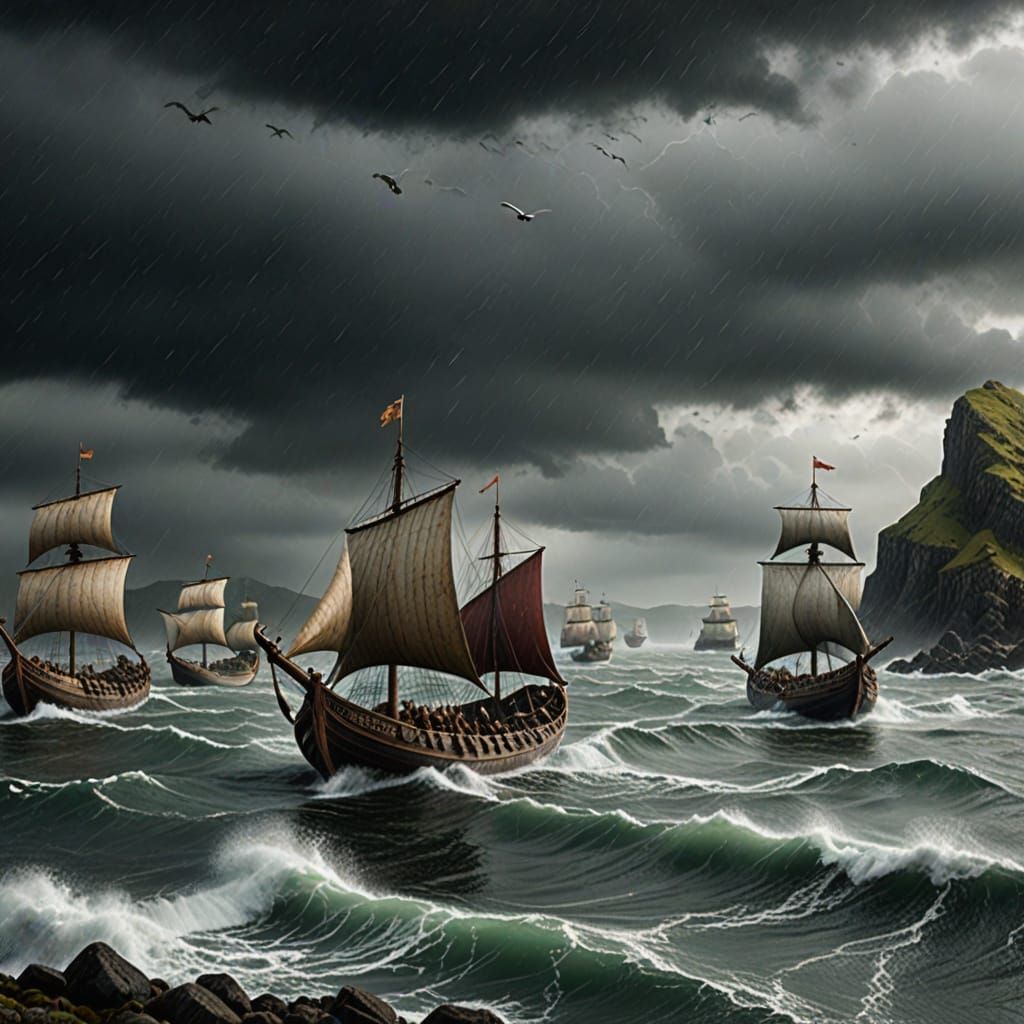 Viking Ships Approaching Coastline on Stormy Day