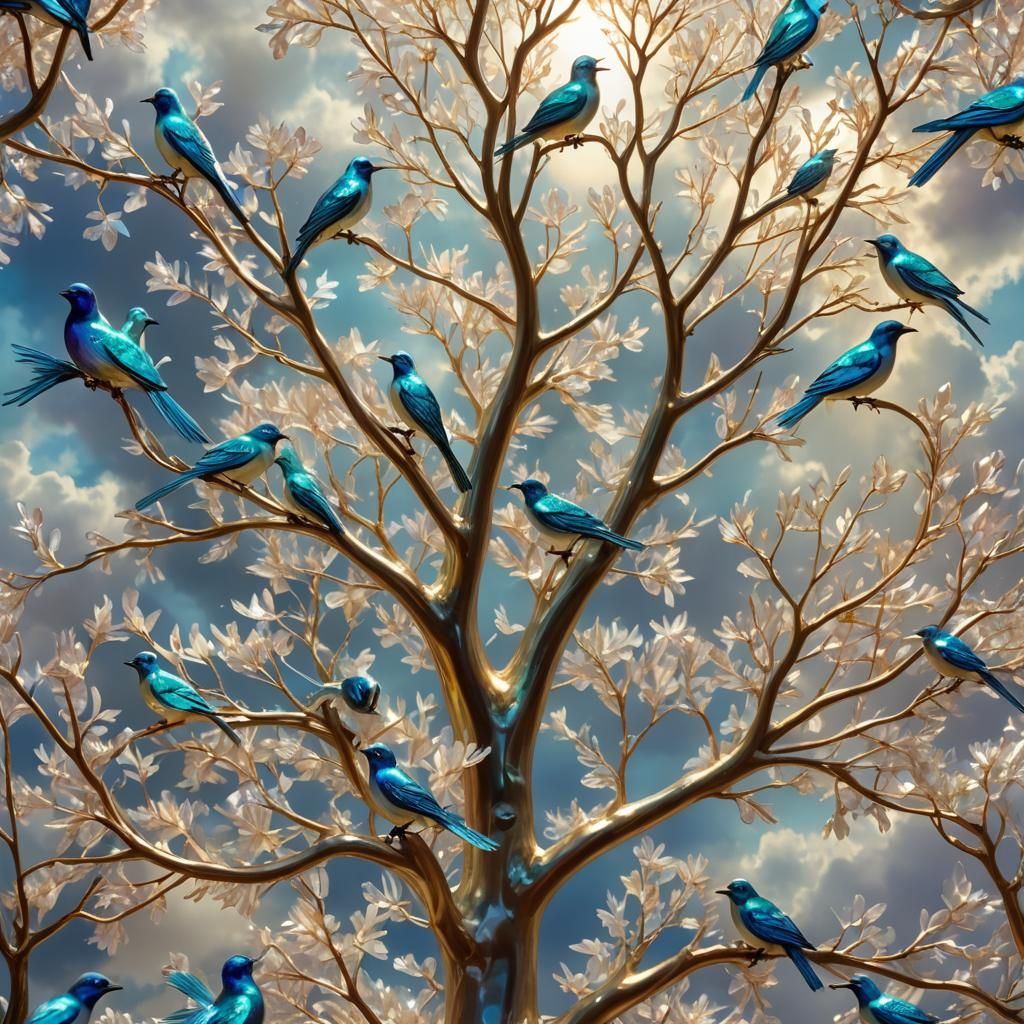 Iridescent Sapphire Birds in Mother of Pearl Tree