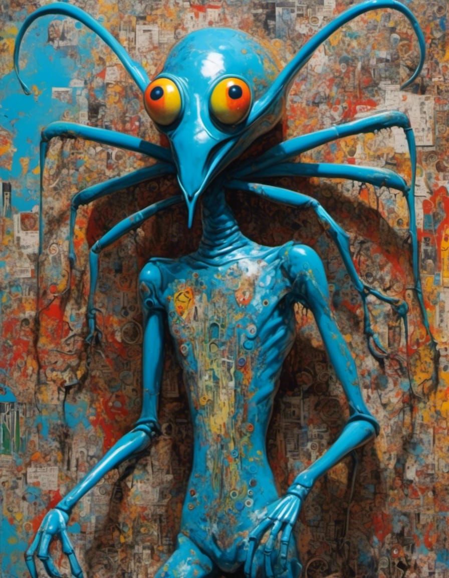 Blue Alien Praying Mantis in Neo-Expressionism Style