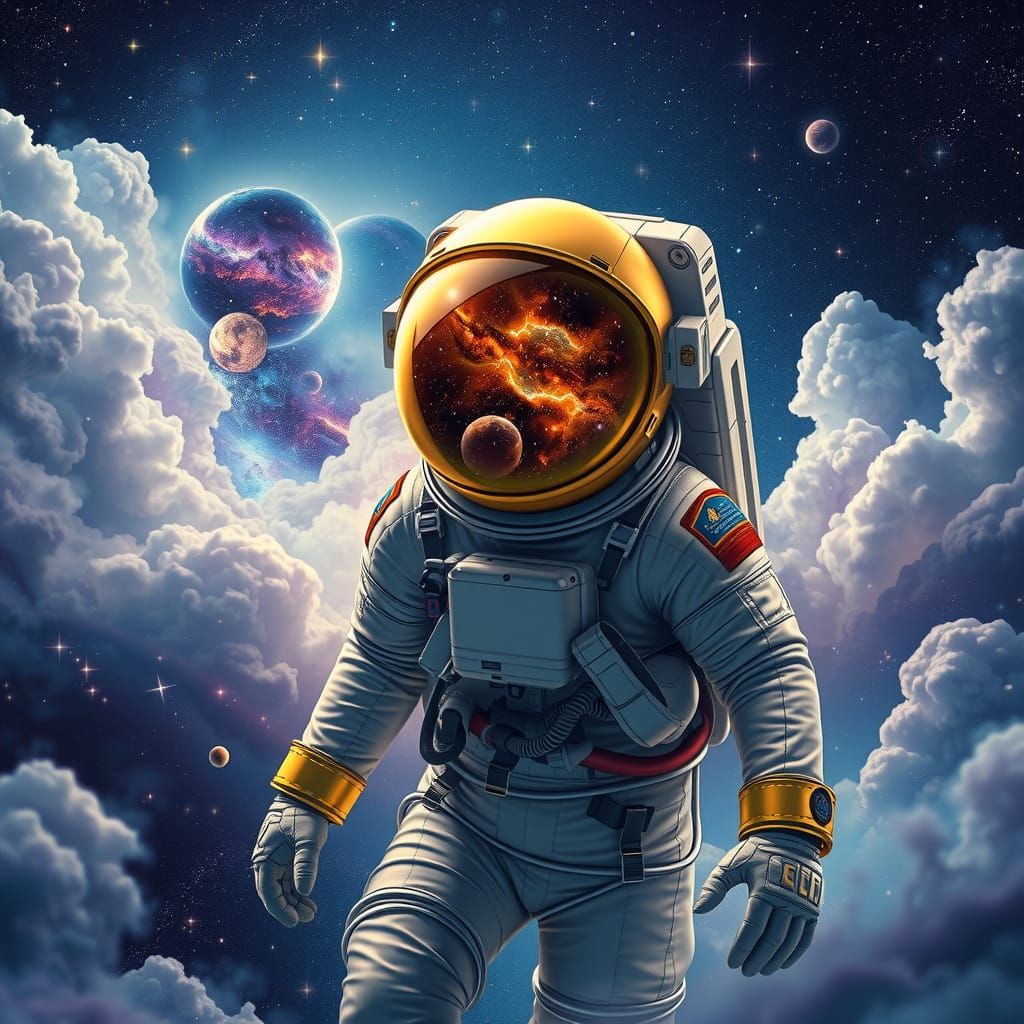 Sleek Astronaut Surrounded by Celestial Vastness in a Hologr...