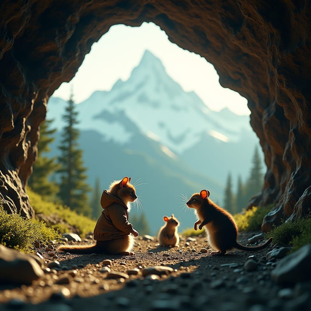 Island Cave: Cat Watching Rats, Cinematic Film Still