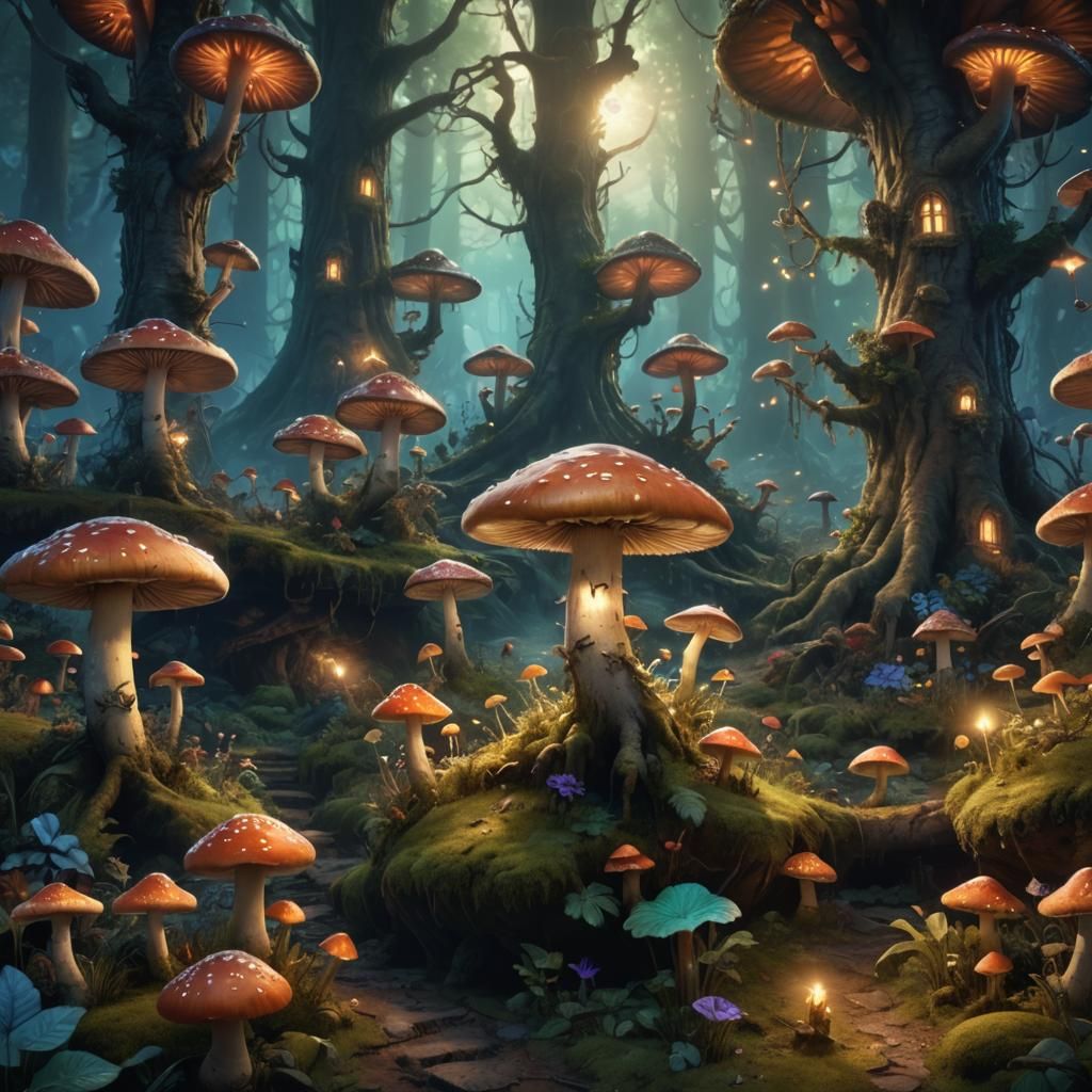 Enchanted Forest with Glowing Mushrooms and Fantasy Figures