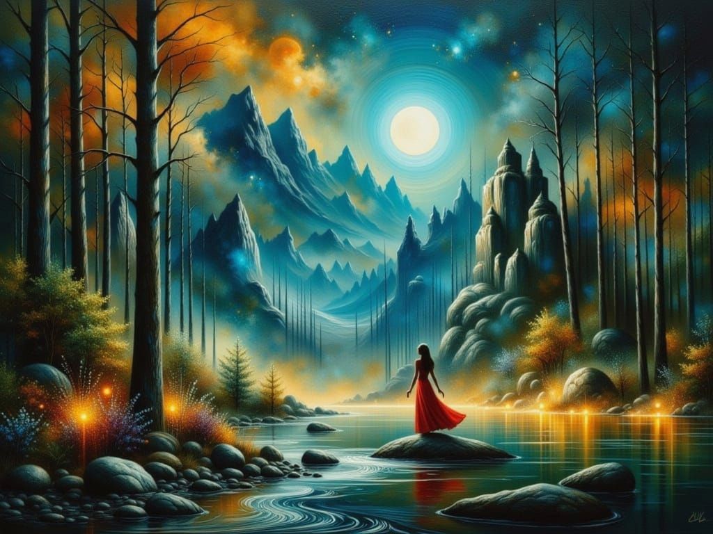 Surreal Moonlit Figure in Red Palette