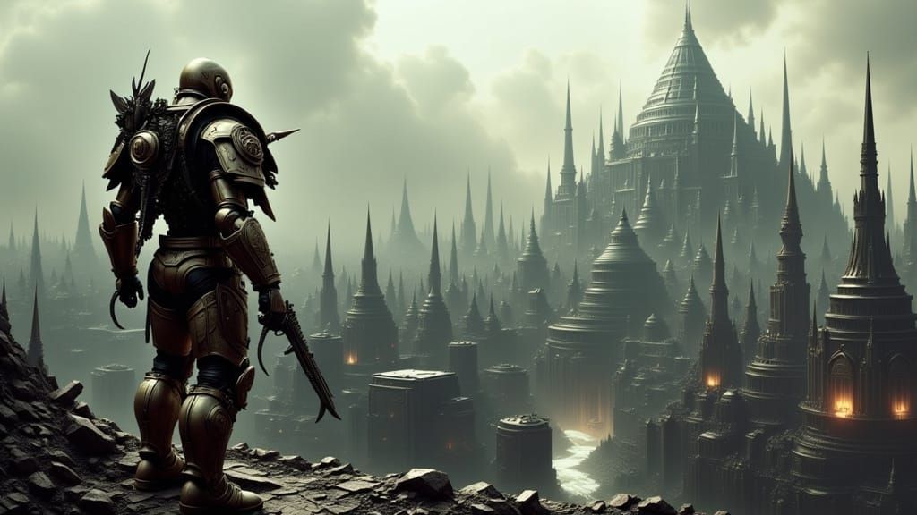 Gritty Cyberpunk Warrior in Ruined Fortress Landscape