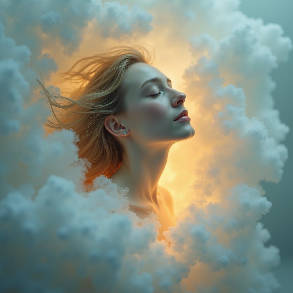 Serene Woman Surrounded by Light and Clouds