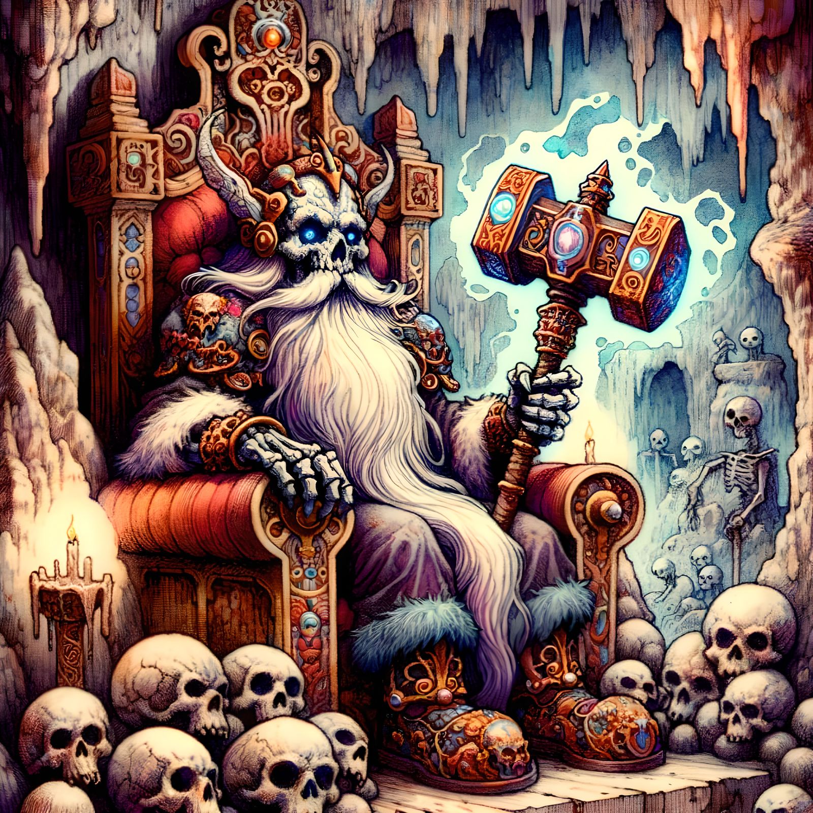 Undead Dwarf King on Throne in Watercolor Style