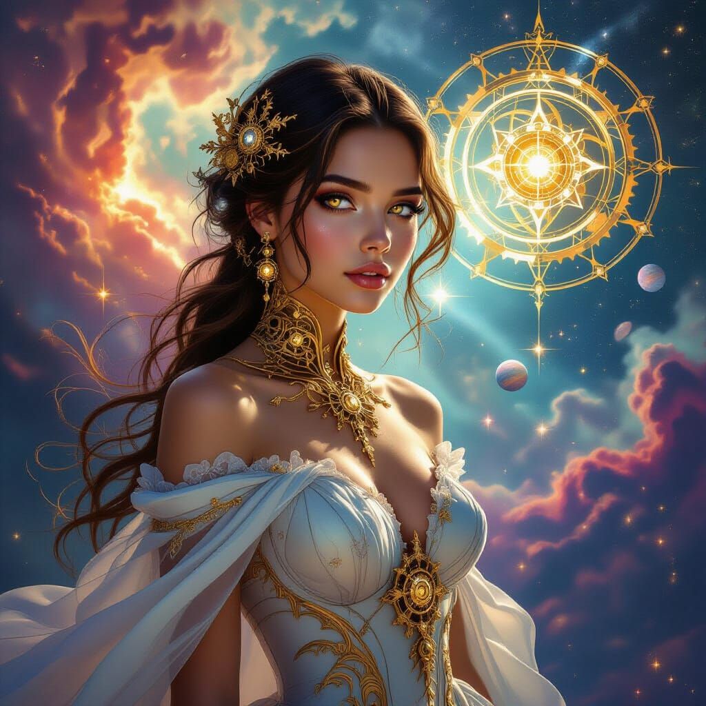 Celestial Clockwork Woman in Cosmic Nebula
