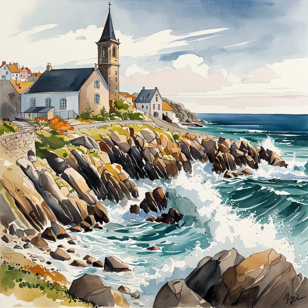 Breton Coast: Waves, Village, Church in Watercolor