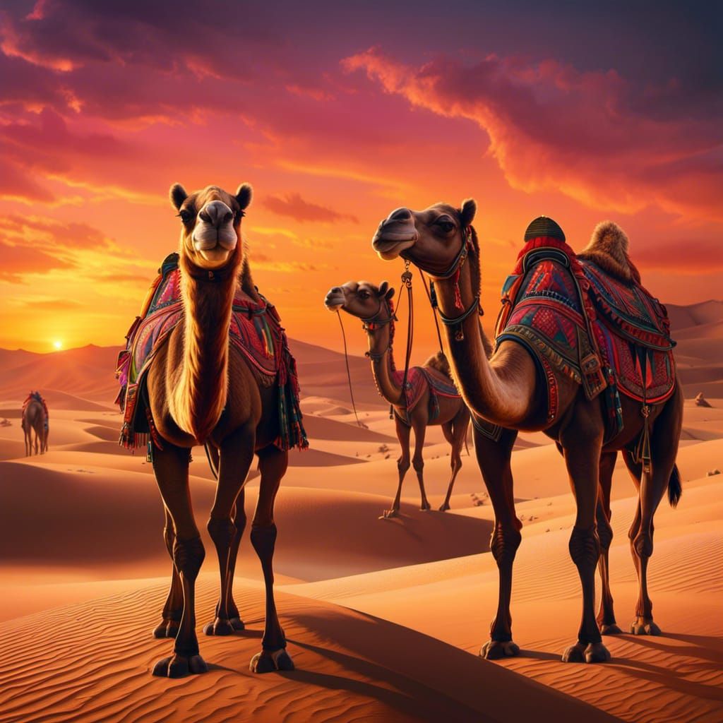 Camels in Desert Sunset: Fantasy Concept Art