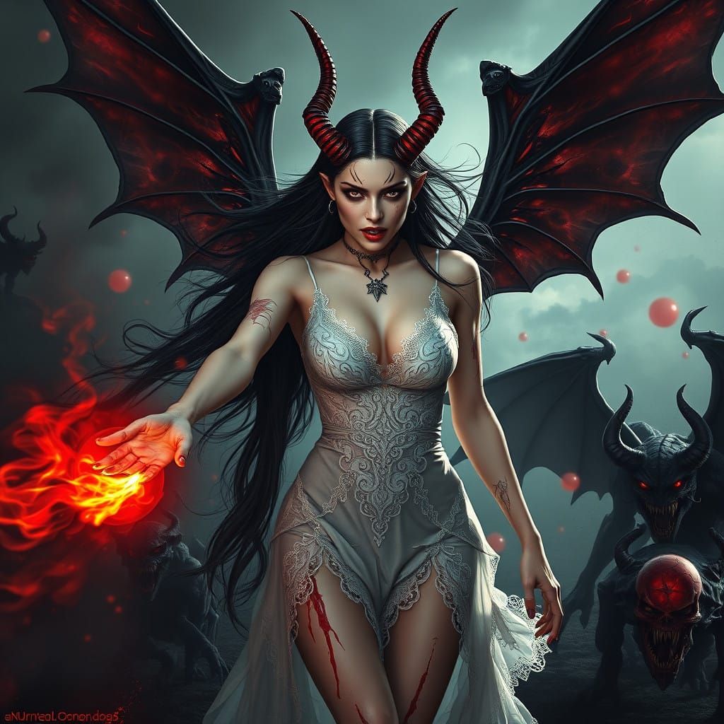 Ethereal Vampire Goddess in Hellish Landscape