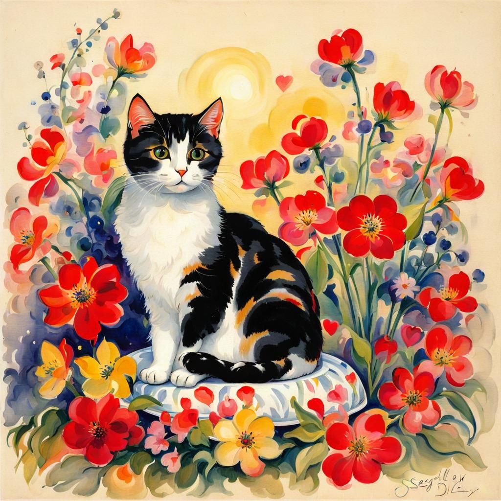 Cat with Flowers in Ballet Russe Style