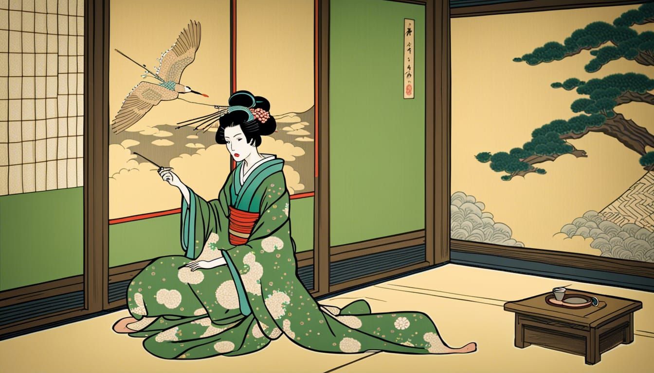 Geisha in Green Kimono with Crane Painting, Ukiyo-e Style