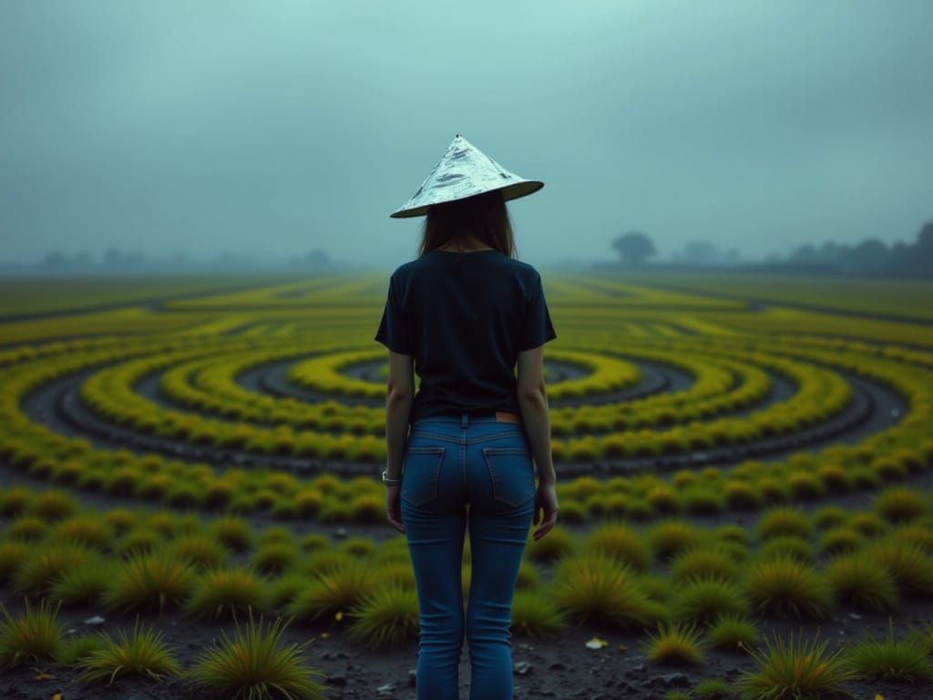 Woman in a Liminal Space with Flickering Lights and Crop Cir...