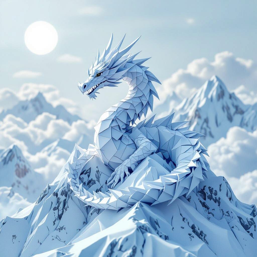 Icy Origami Dragon Coiled on Winter Mountain