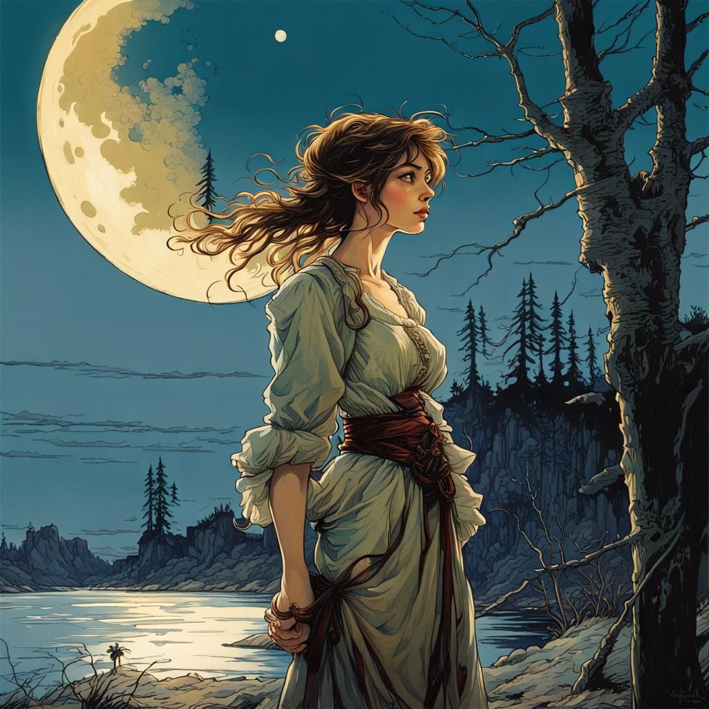 Woman Before Moon, Golden Age Illustration Style