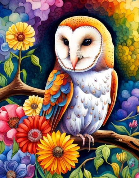 Rainbow Barn Owl Watercolor on Flowery Branch