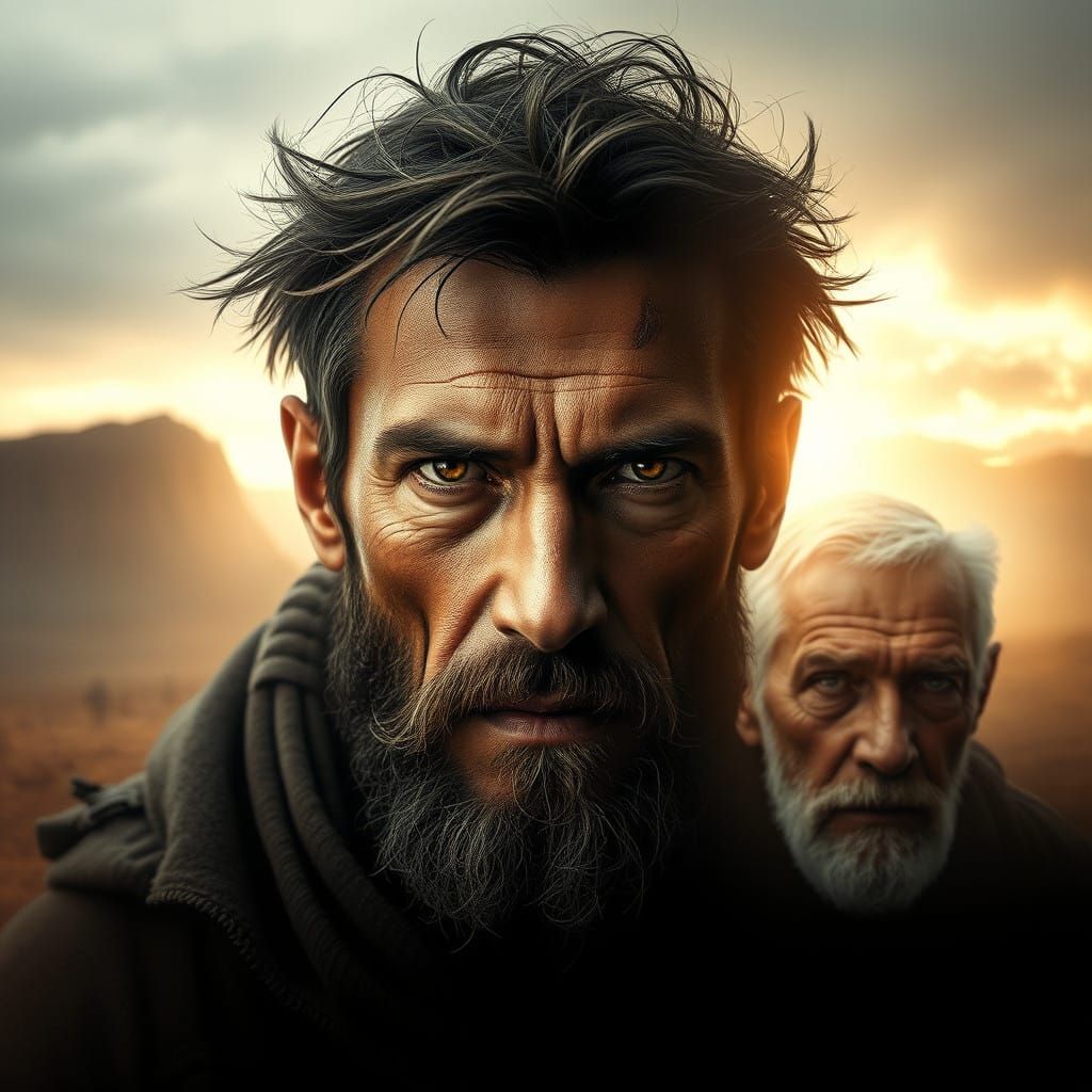 Weathered War Hero in Desolate Landscape