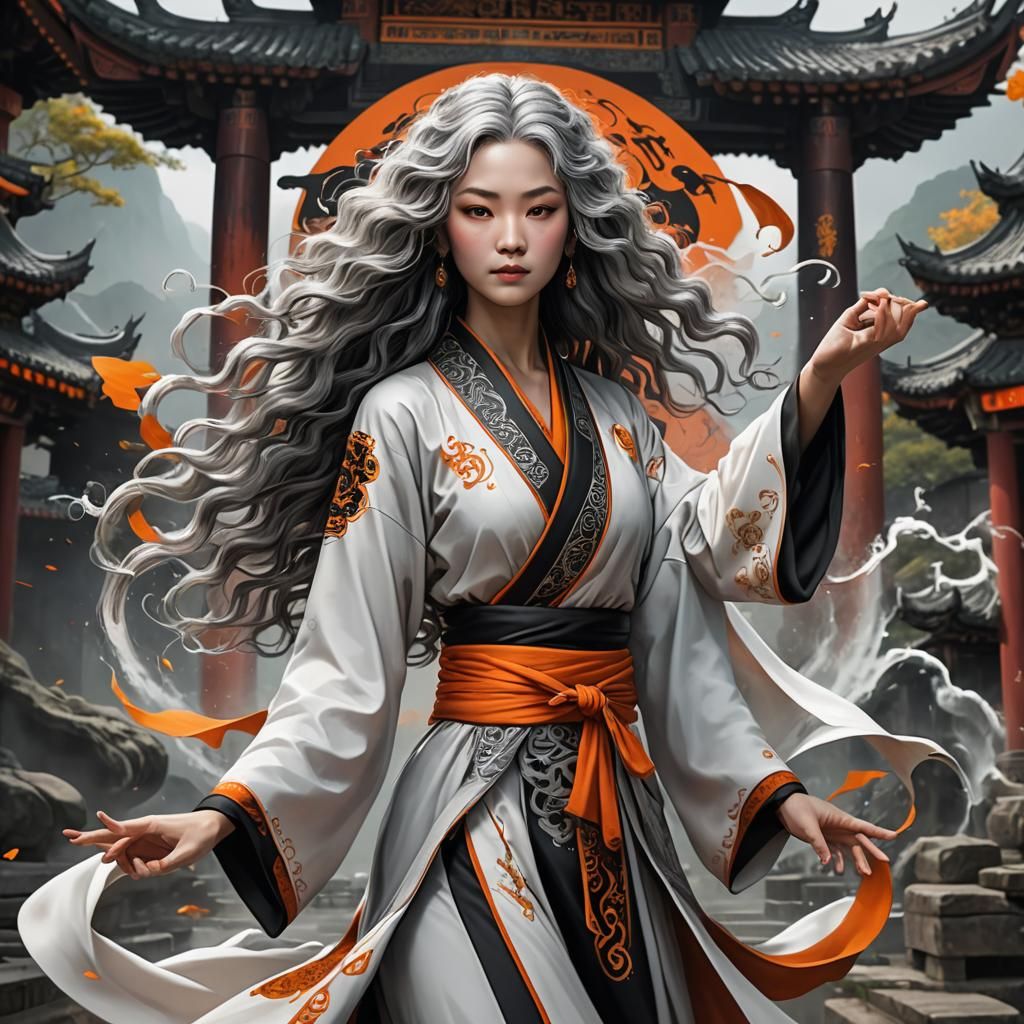 Woman Practicing Kung Fu in Taoist Temple