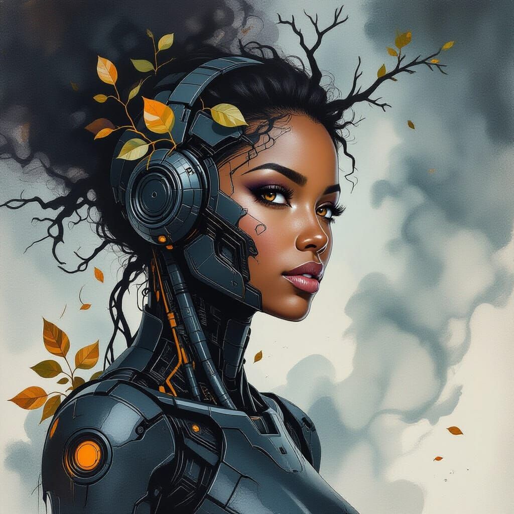 Bionic Android Melds with Nature in Abstract Expressionism