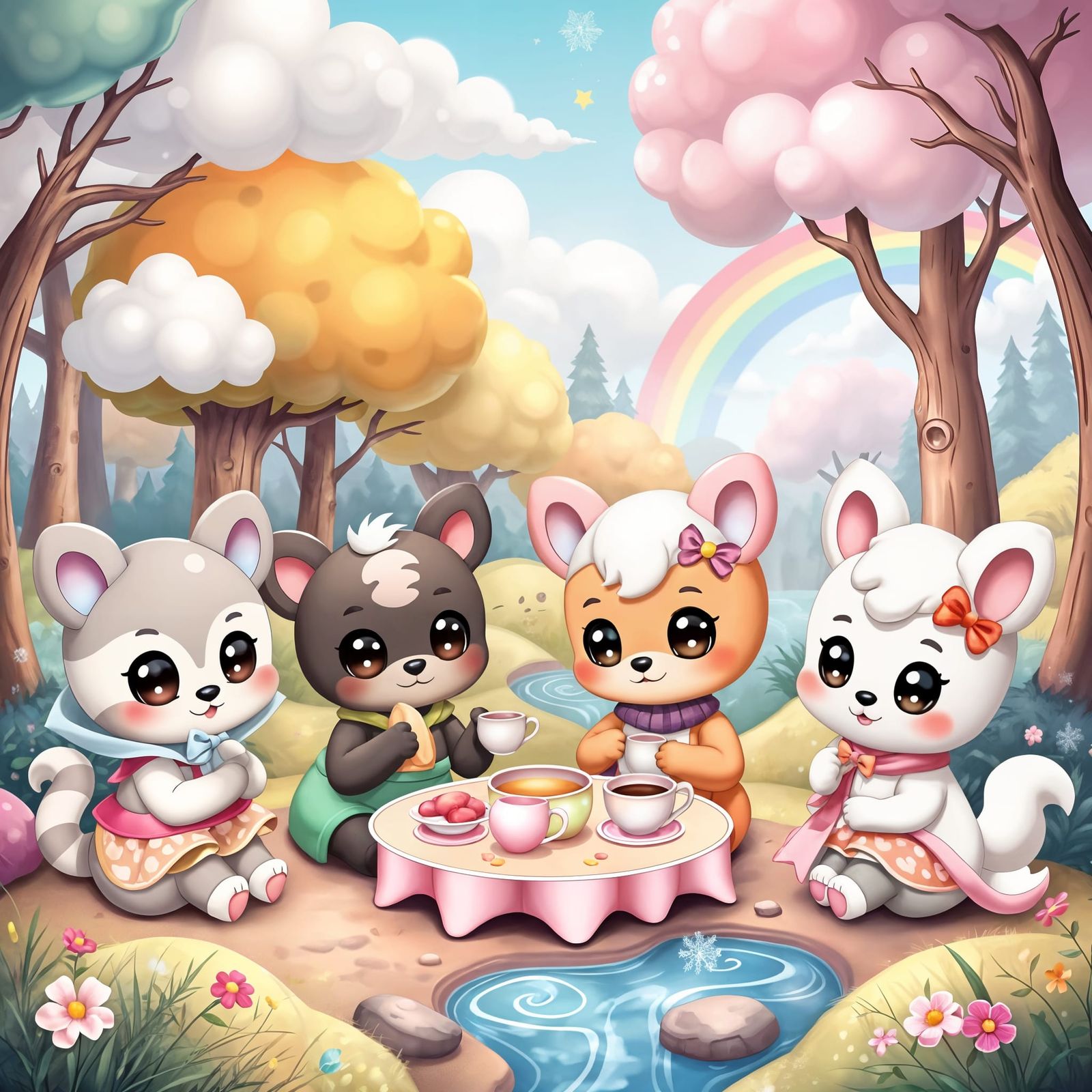 Cartoon Animals' Tea Party in Whimsical Forest