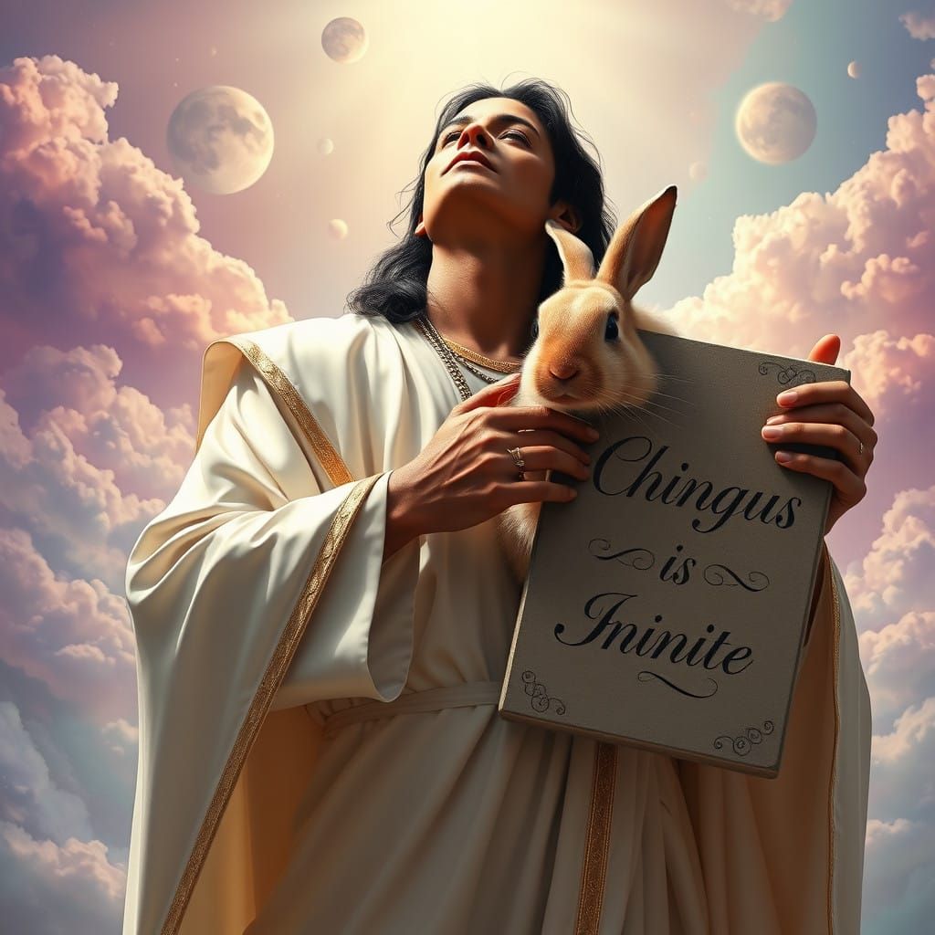 An image of Michael Jackson as Jesus Christ in one hand he hold a giant rabbit in the other hand he holds a stone tablet...