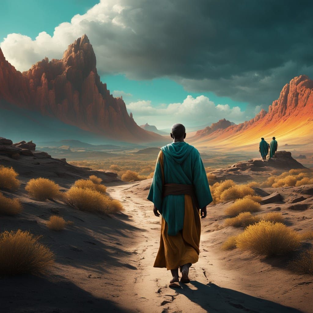 Man Walks Through Barren Landscape of Ancient Times