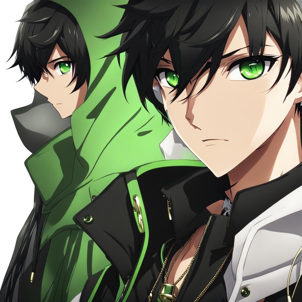 Anime Boy with Black Hair and Green Eyes