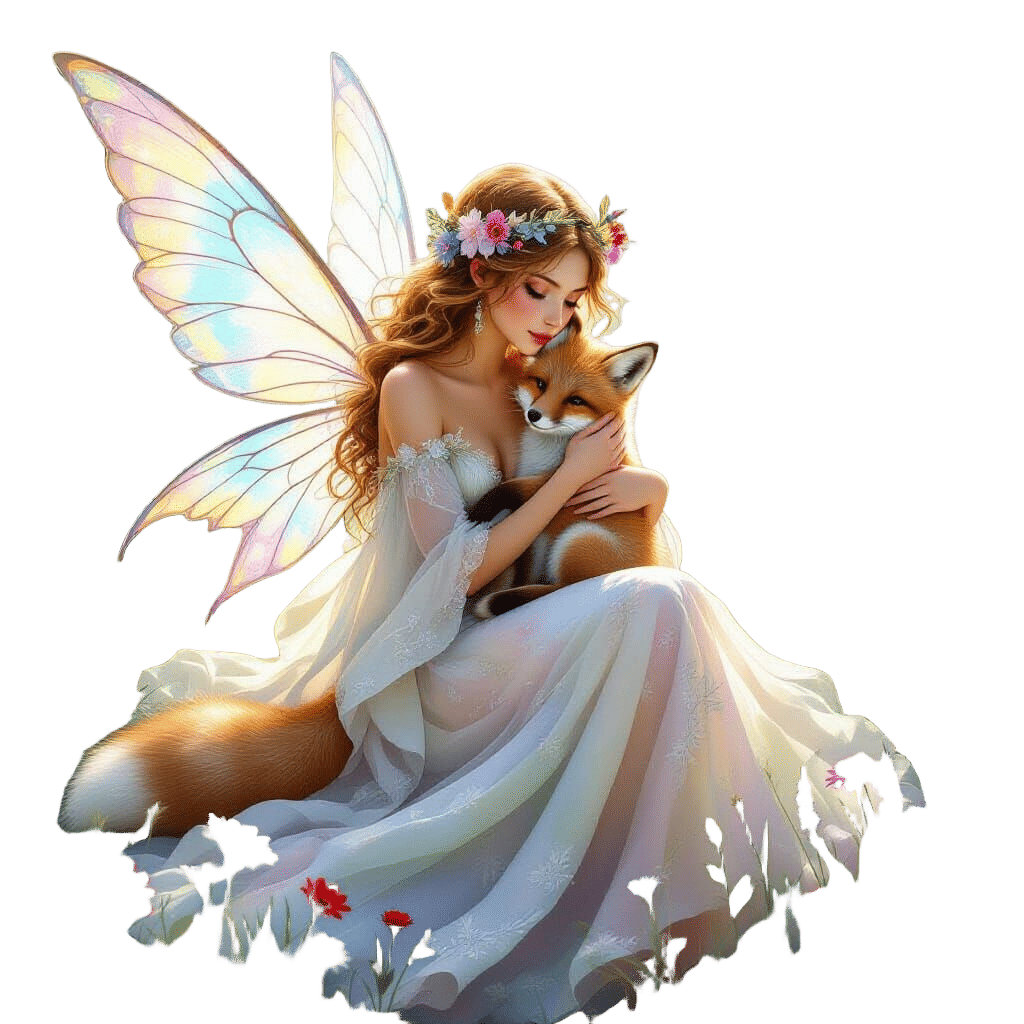 Woodland Fairy with Fox in Art Nouveau Watercolor