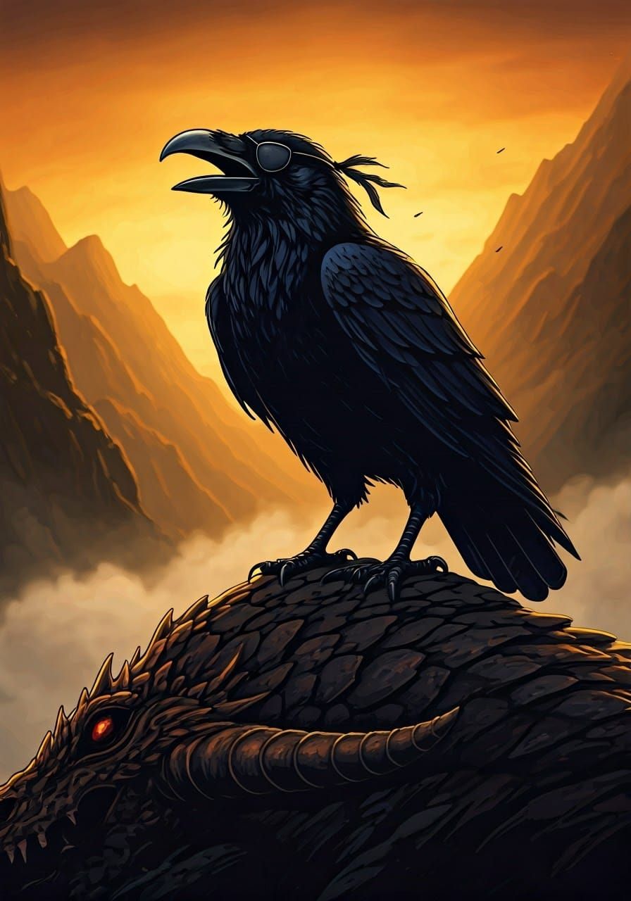 Victorious Crow Conquers Slain Dragon in Golden Bokeh