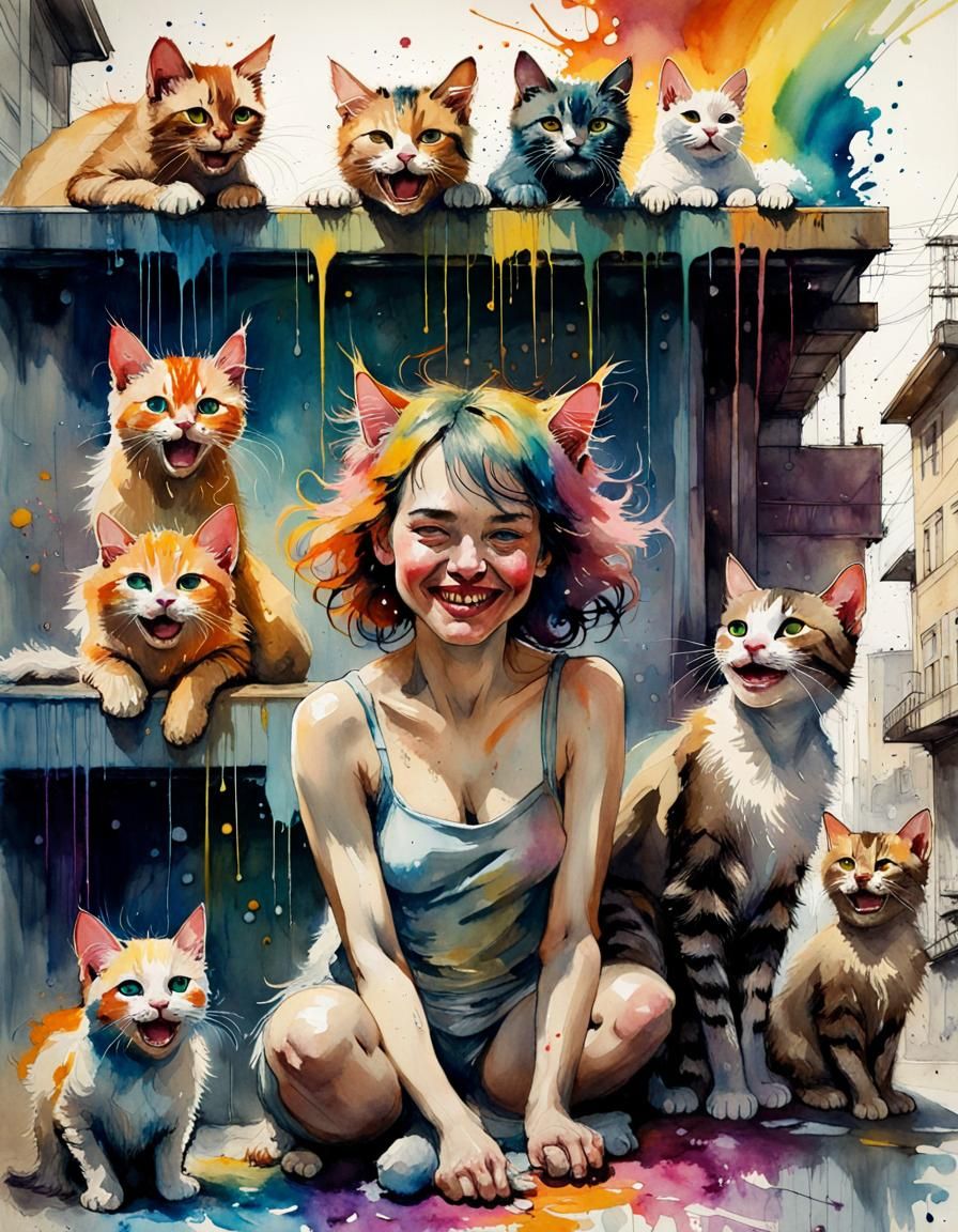 Rainbow Cats and Girl in Watercolor Graffiti Style