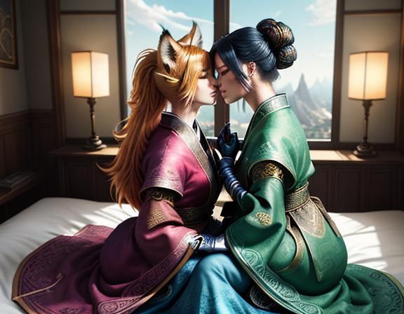 Kitsune Twins Kissing: Manga Style Digital Art