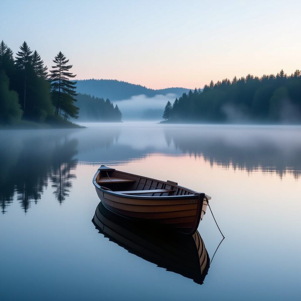 Solitary Wooden Rowboat on Misty Lake at Dawn