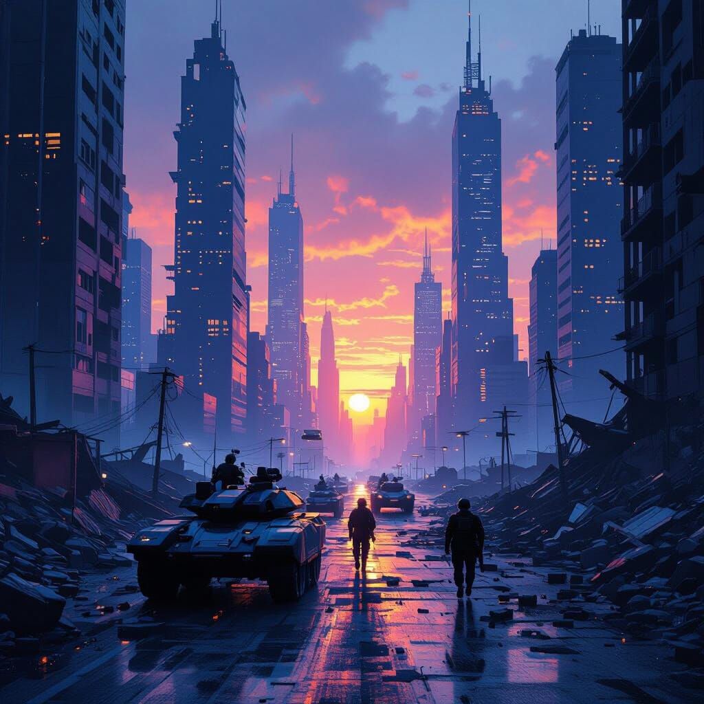Dystopian Cyberpunk Cityscape at Sunset