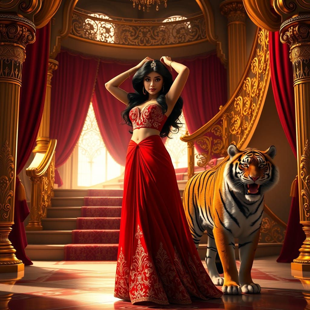 Princess Jasmine in Regal Fantasy Attire with Majestic Tiger...