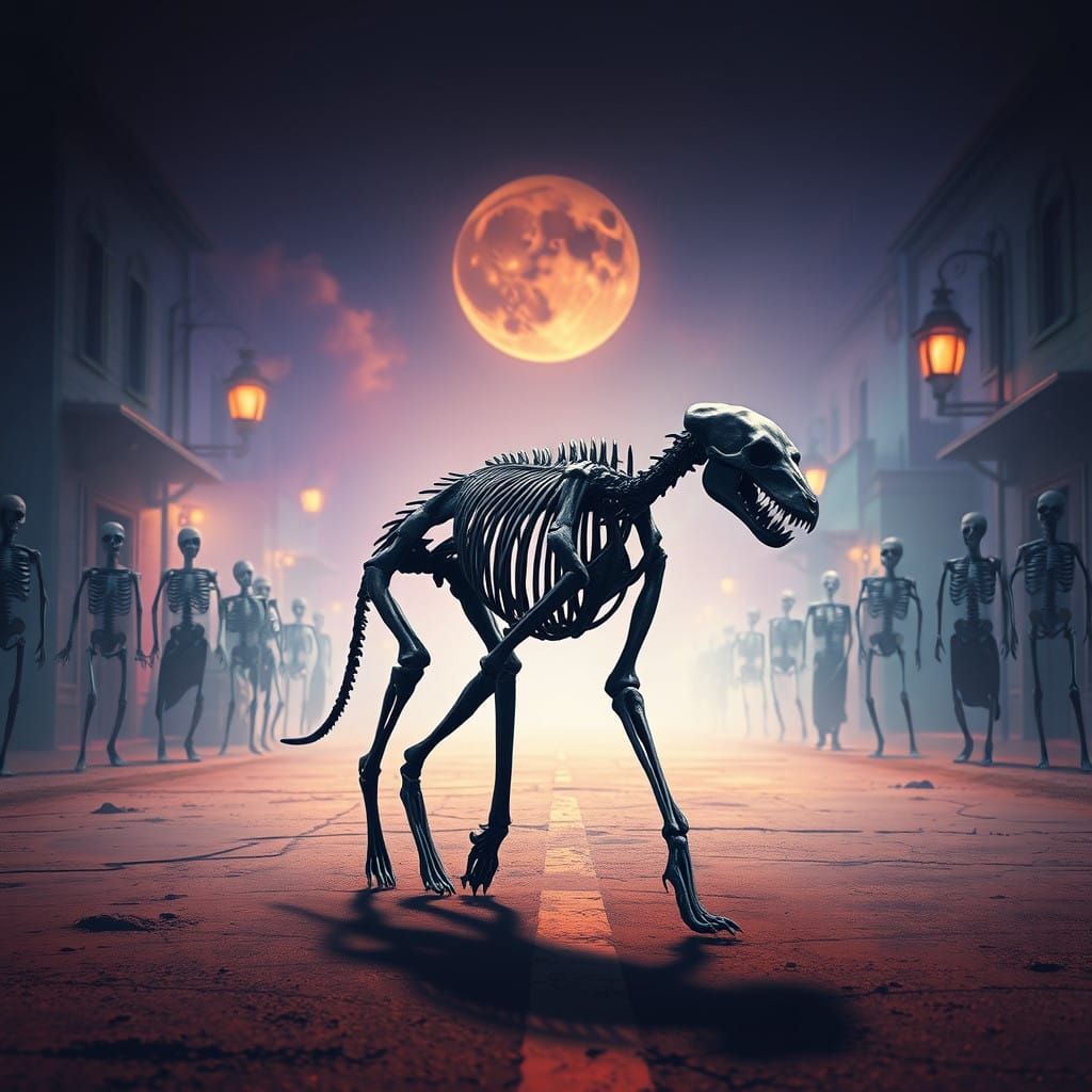 Majestic Wild Dog Skeleton in a Haunting Skeleton Parade Sce...