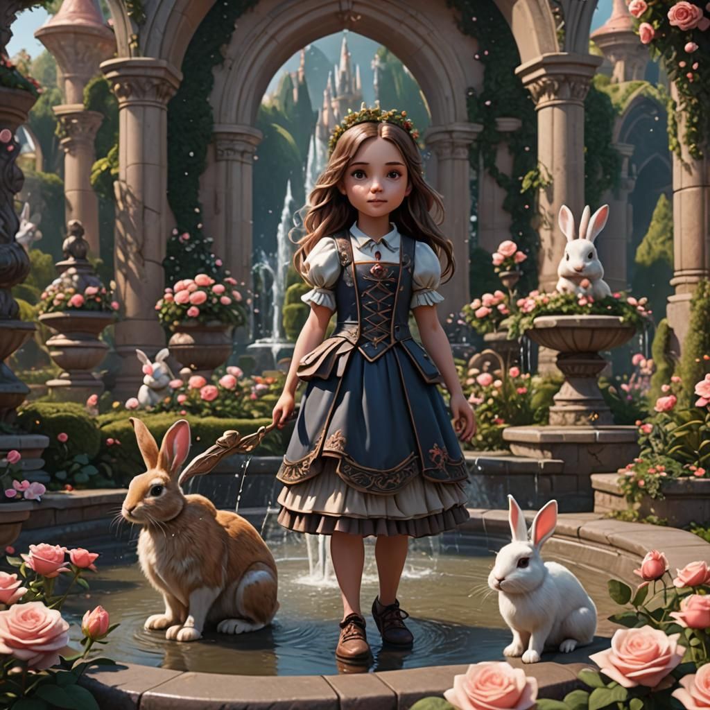 Princess of Bunnies in Rose Garden: Fantasy Art