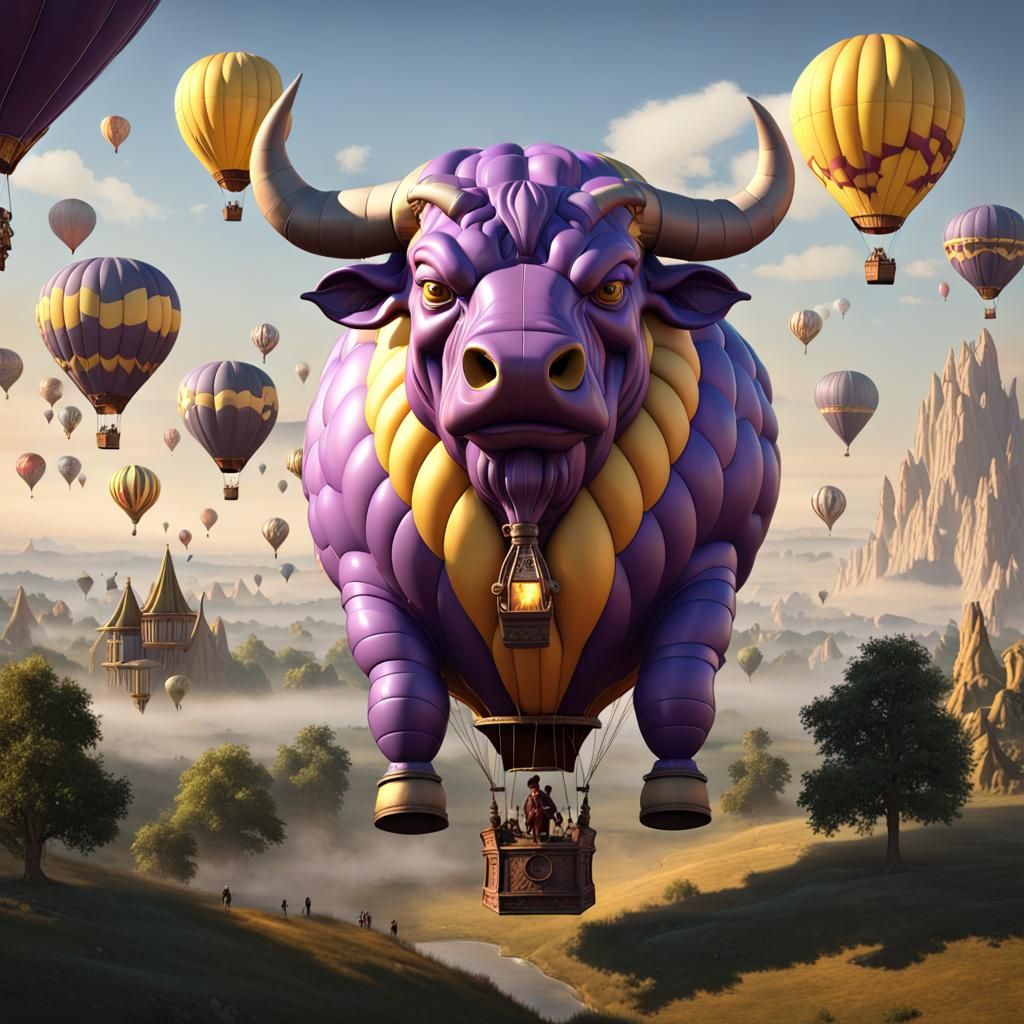 Fantastic Bull Hot Air Balloons in Dark Fantasy Style
