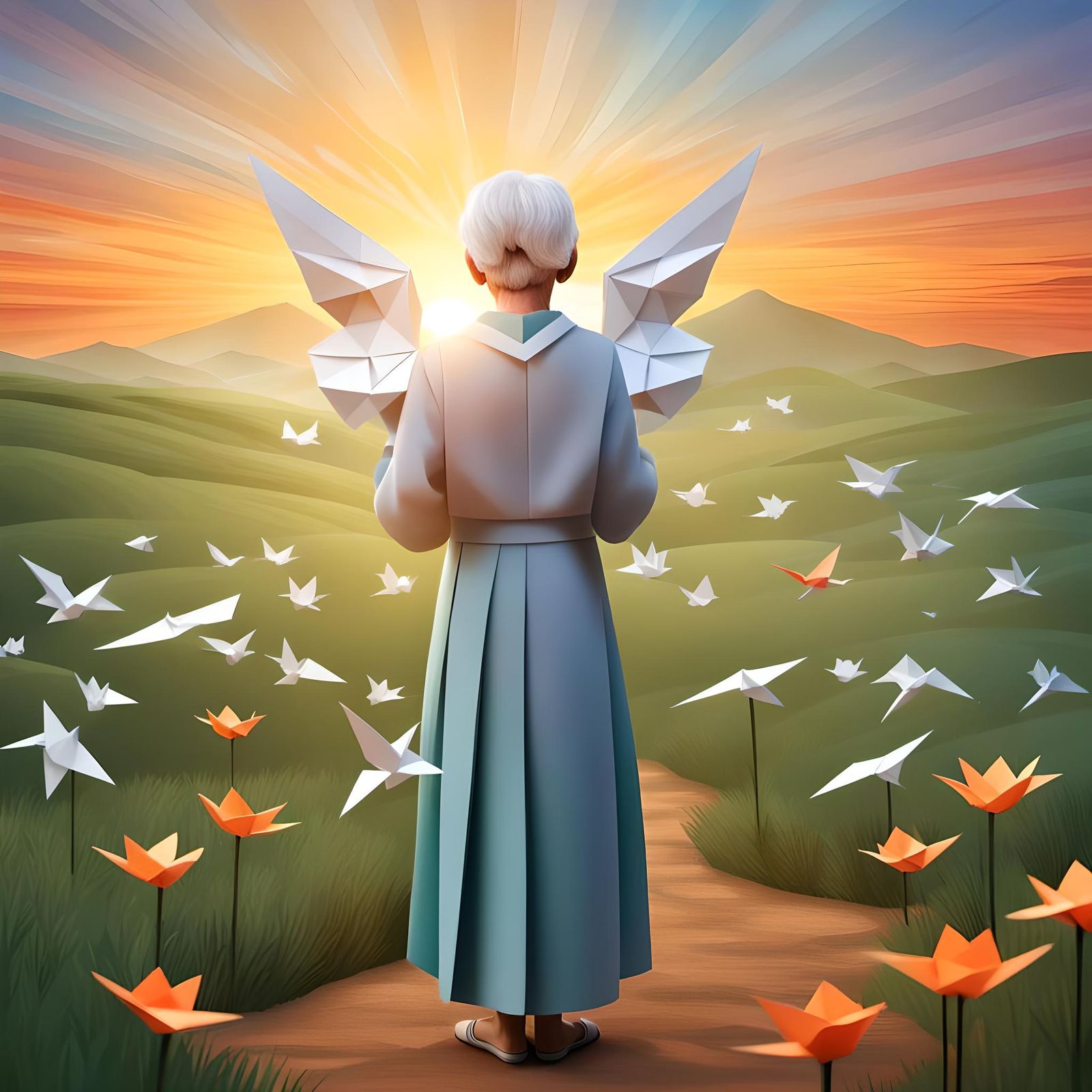 Peaceful Origami Prayer at Sunrise in 8K