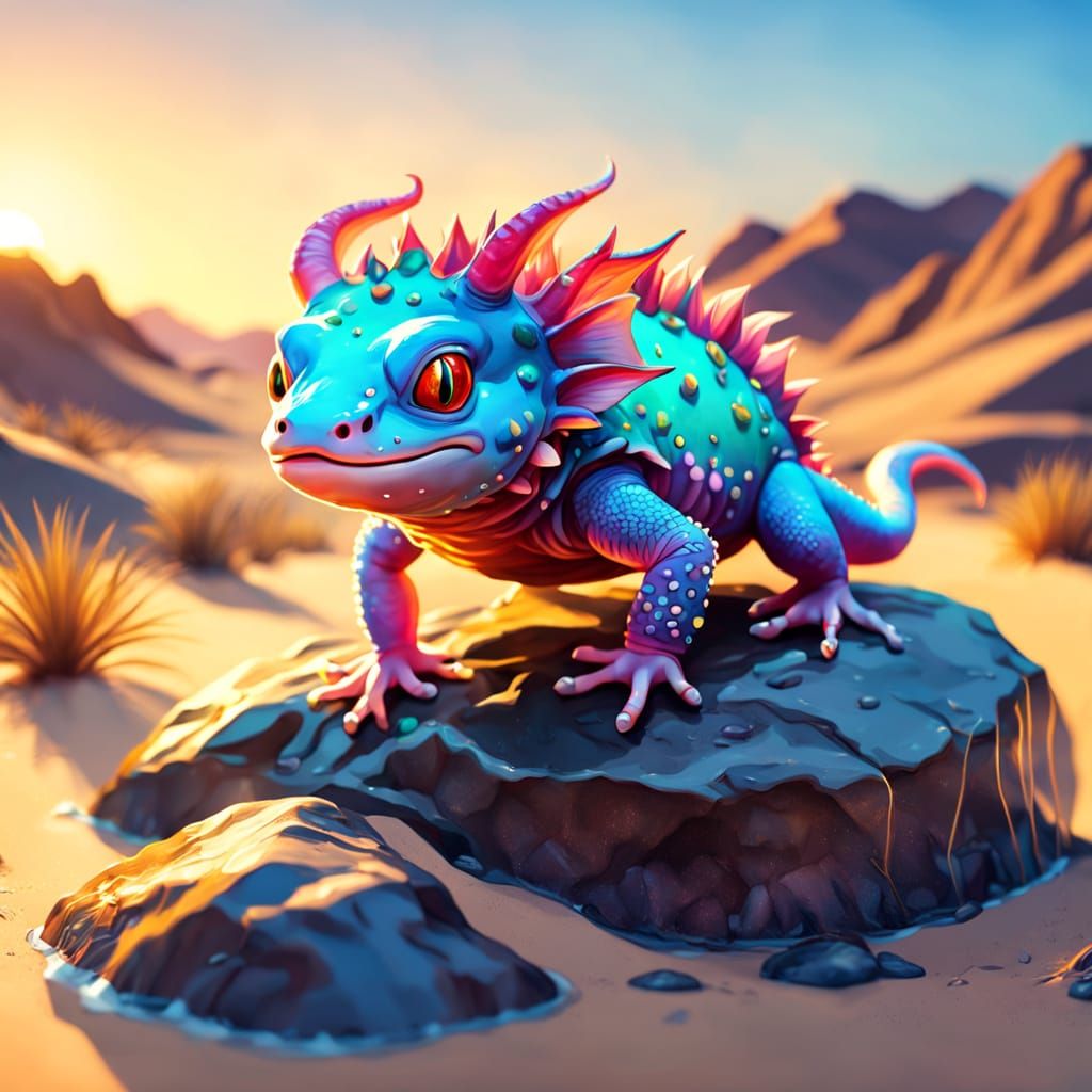 Axolotls in Vibrant Sunset Desert Scene