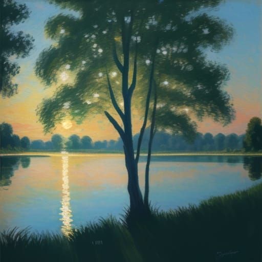 Impressionist Oil Painting of Trees by Riverbank