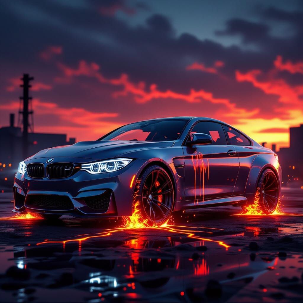 Futuristic BMW in Flames with Dripping Lava