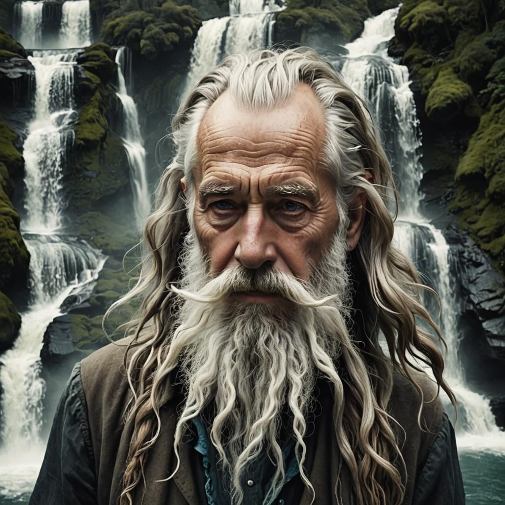 Old man with a flowing waterfall beard. Surreal style.
