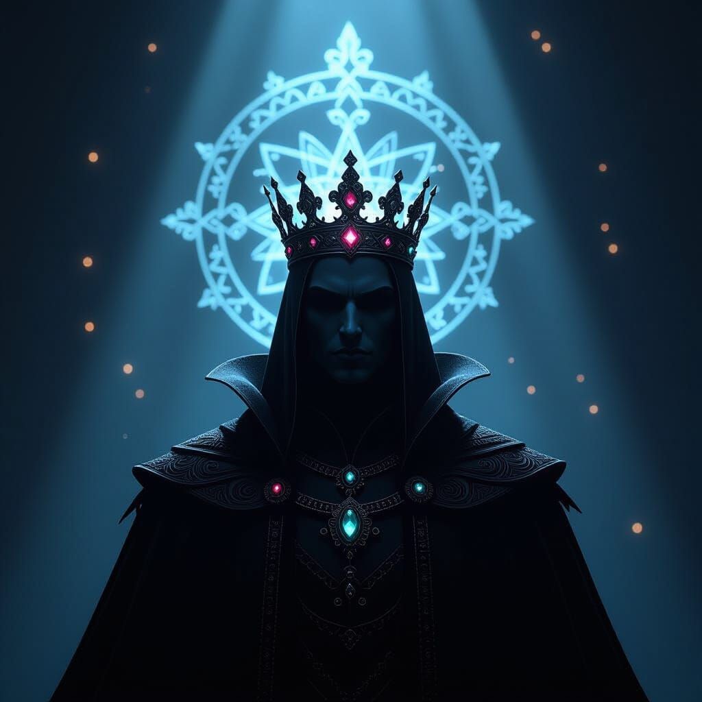 Dark Fantasy Regal Figure in Shadow with Arcane Symbols