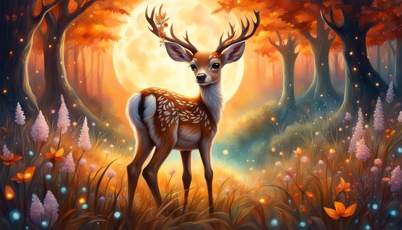 Fantasy Fawn in Moonlit Autumn Forest
