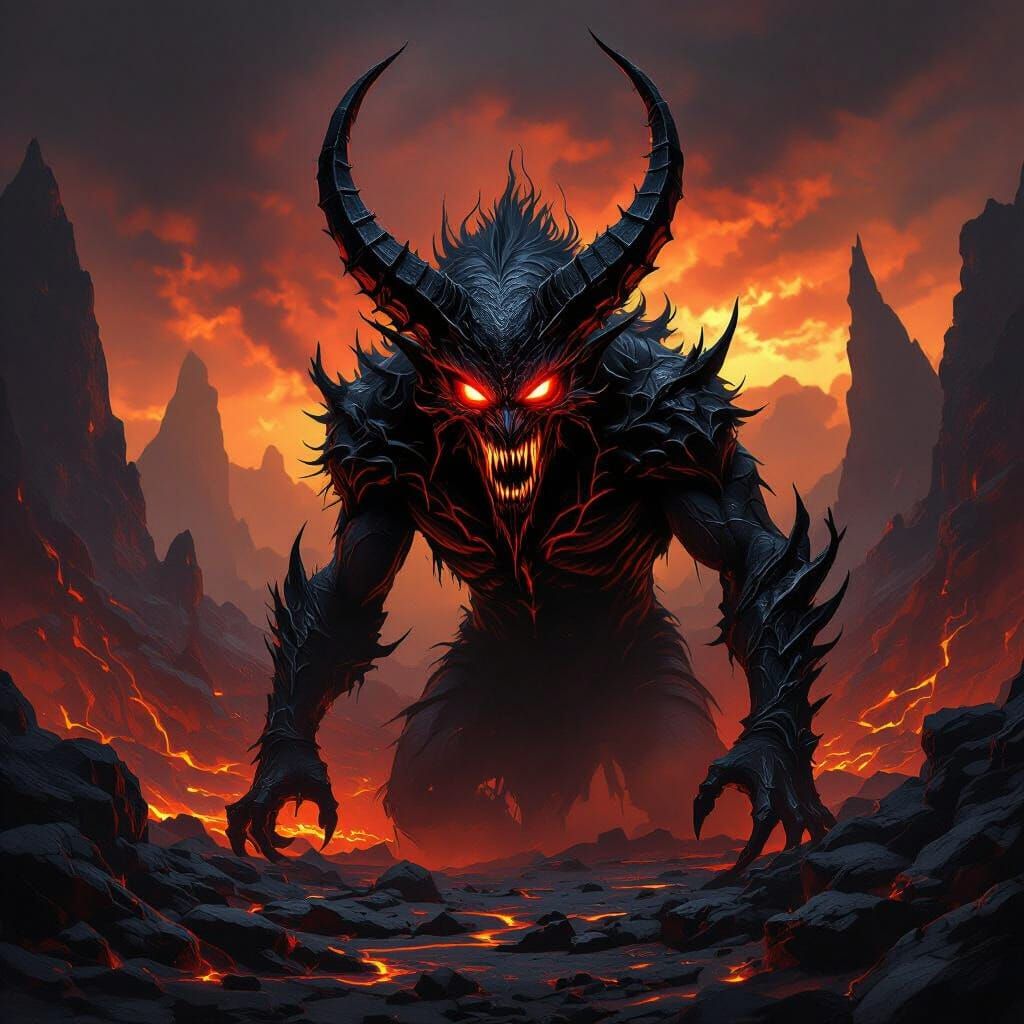 Fiery Demon in Hellish Landscape - Dark Fantasy Art