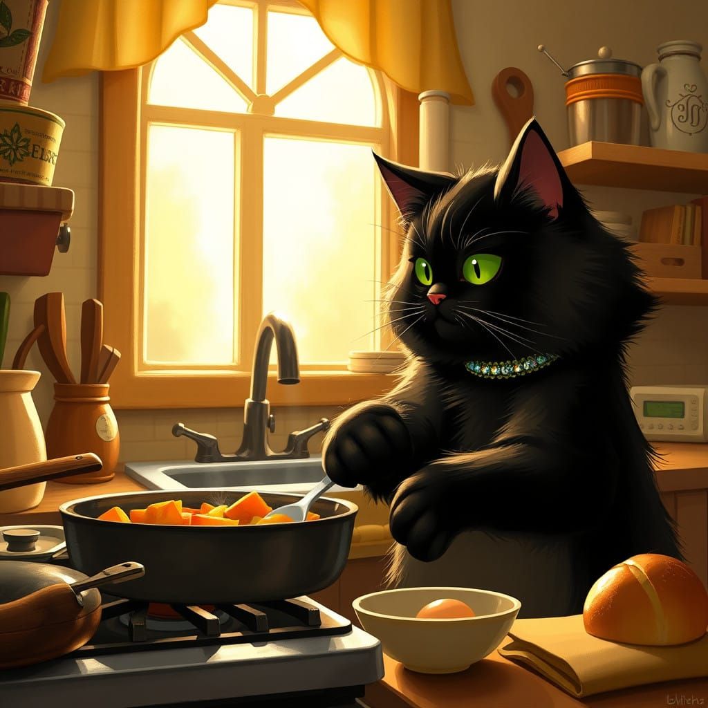 Whimsical Cat Chef in Warm Kitchen
