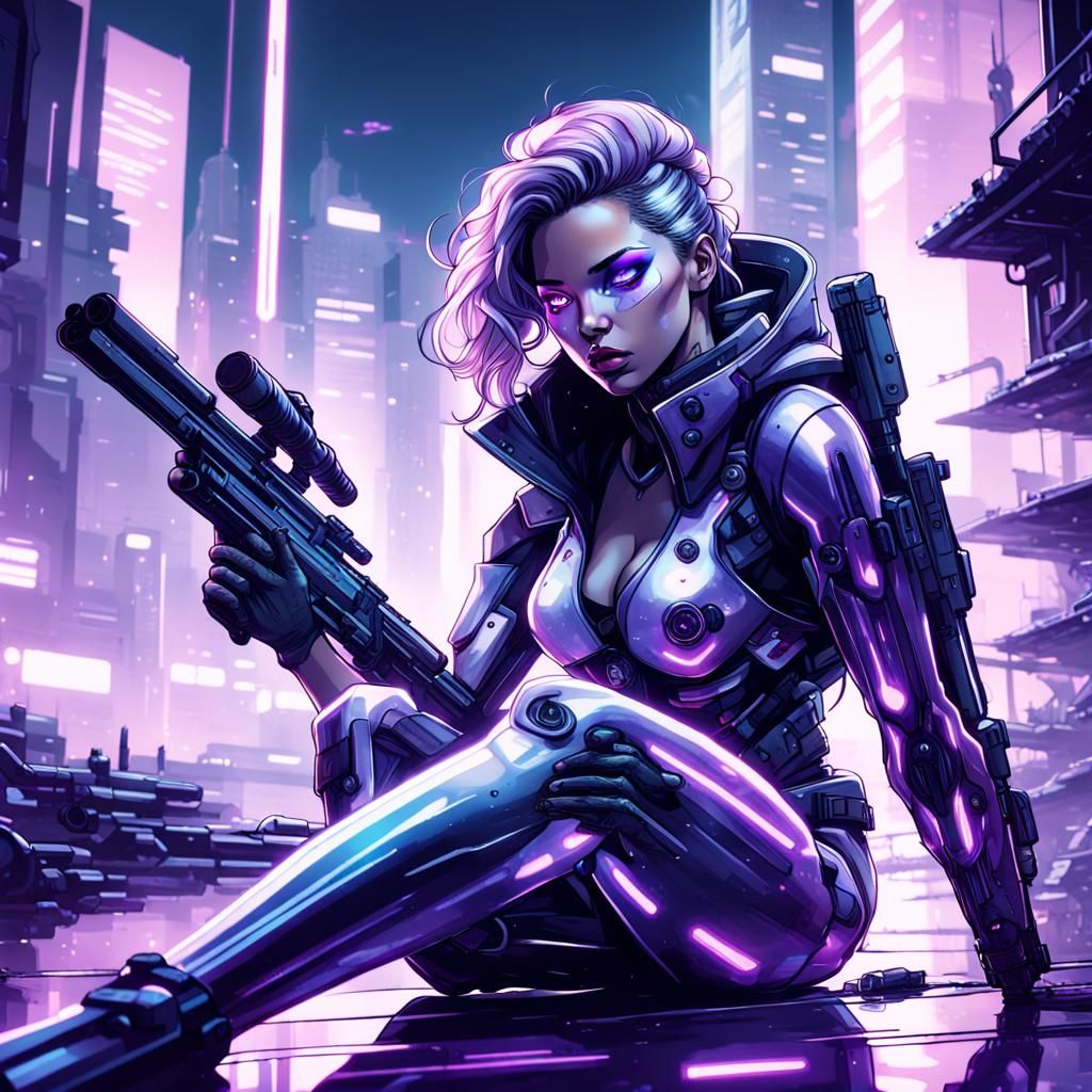 Cyberpunk Android Sniper in Neon Cityscape
