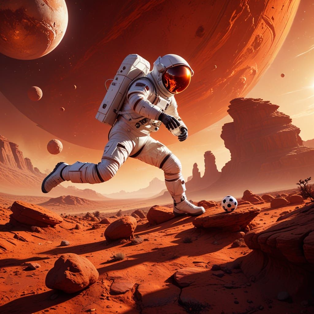 Surreal Astronaut Leaps on Red Alien Rock Ledge Amid Vibrant...
