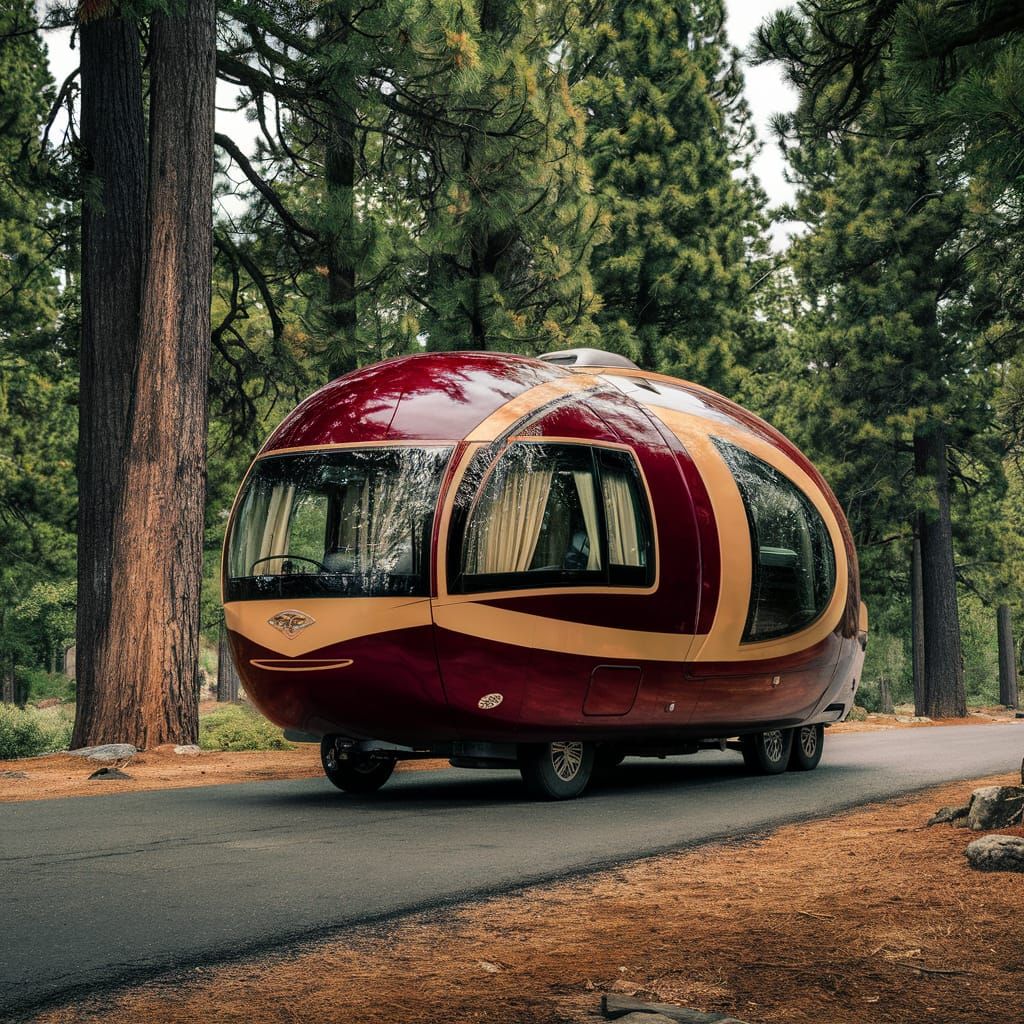 Luxurious Spherical Motorhome Amidst Towering Pine Trees