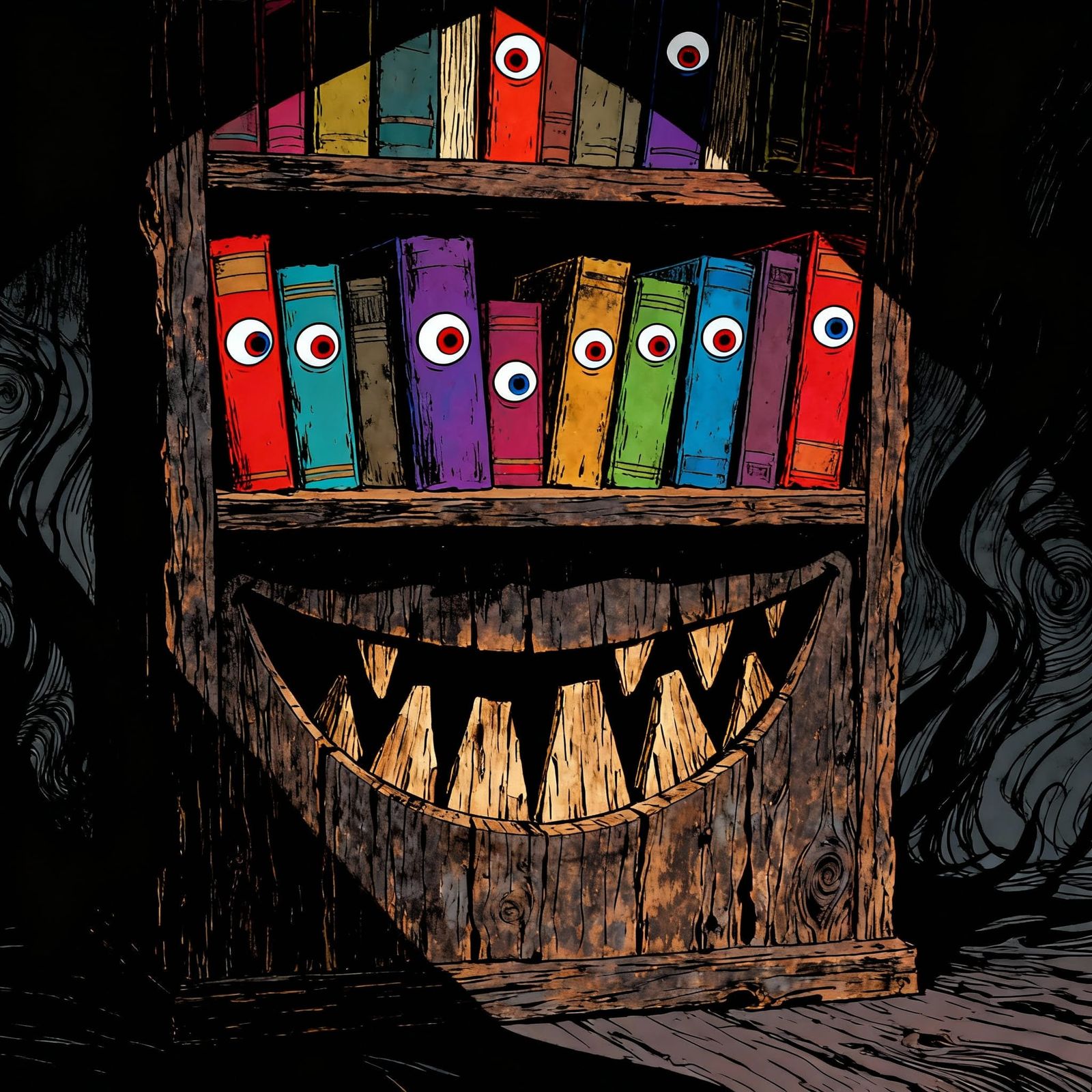 Whimsical Bookshelf Grins with Cartoon Eyeballs in Shadow